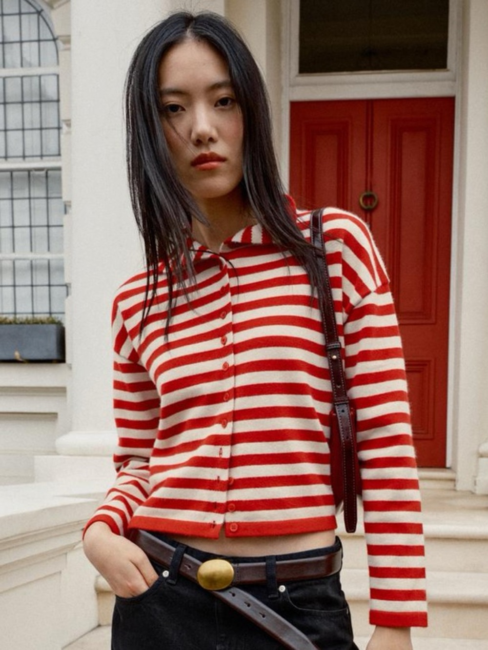 Zara Red White Striped High Neck Button Front Knit Cardigan NWT M